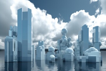 3d photo of skyscraper rising among blue sky and clouds, cityscape with Generative AI