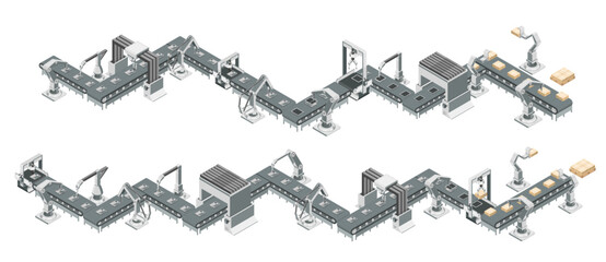 Robotic assembly line with conveyor belt in an automated factory. Isometric vector illustration.
