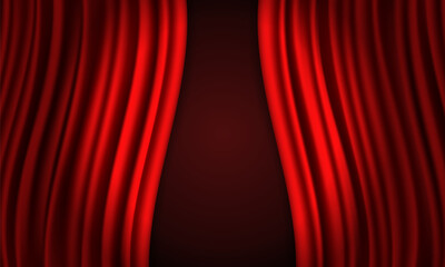 Fototapeta premium Red curtain illuminated by spotlight. Open velvet drapes. Vector illustration.