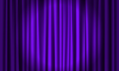 Purple curtain illuminated by spotlight. Closed velvet drapes. Vector illustration.