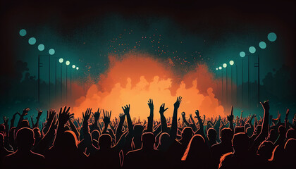 crowd with raised hands at concert festival banner. Generative AI