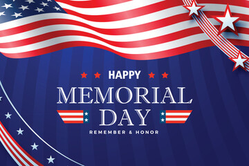 Memorial Day - Remember and Honor greeting card with inscription on blue red patriotic background with stars and stripes