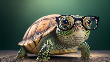 Cute little green turtle with glasses in front of studio background. Generative AI