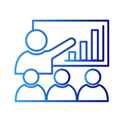 Lecture education icon with blue gradient outline style. university, diploma, coach, instruction, tablet, black, speaker. Vector Illustration