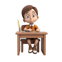 3D Cartoon figure of a child without background sitting in a school desk, image suitable for banner, poster or information graphics, figure generated by Ai