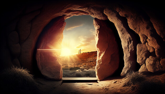 empty tomb of Jesus Christ at sunrise resurrection. Generative AI