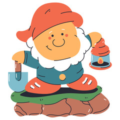 Cute garden gnome with shovel and lantern vector cartoon character isolated on a white background.