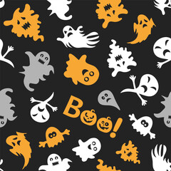 Seamless vector pattern for Halloween design. Halloween symbols: ghost, pumpkin in cartoon style. Vector Illustration