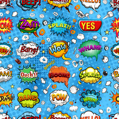 Comic book style speech bubbles seamless pattern on blue background vector illustration
