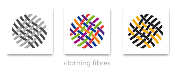 Strands of fibre weaved together. Clothing fibres in various colors. Details of a fabric or cloth. Vector template