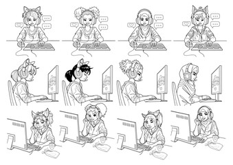 Girl gamer or streamer with a headset sits in front of a computer