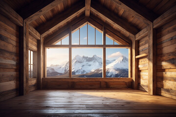 space with a mountain chalet aesthetic, grand window views. generative AI