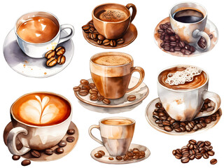 Watercolor coffee cliparts, isolated, transparent background, created with Generative AI technology