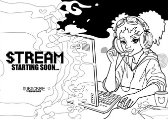 African girl gamer or streamer in a hijab and a headset sits at a computer