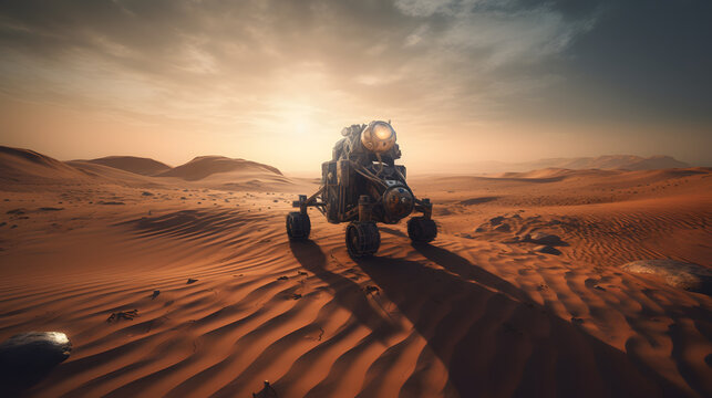 Take a journey through the world of AI with this mesmerizing image of a robot exploring the surface of another planet. See the incredible potential of artificial intelligence in this captivating scene