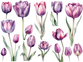 Fototapeta premium Purple watercolor tulip cliparts, isolated, created with Generative AI technology