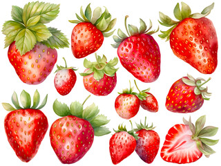 Watercolor strawberry cliparts, isolated, created with Generative AI technology