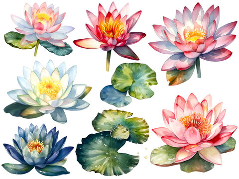Watercolor water lily cliparts, created with Generative AI technology