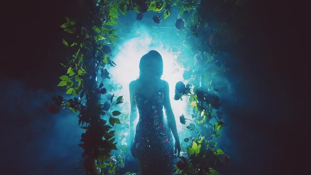 dark shadow silhouette fantasy woman walking in black night garden in fog fairytale portal arch flowers, art neon blue color magic light. Mystery lady Gothic Girl princess shiny sexy dress in smoke 