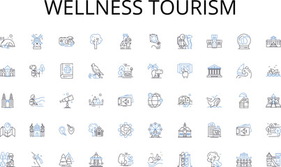 Wellness tourism line icons collection. Adventure, Culture, Luxury, Ecotourism, Hospitality, Cuisine, Scenery vector and linear illustration. Relaxation,Destination,Exploration outline signs set