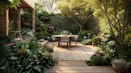 Fototapeta premium A backyard garden with a wooden deck and outdoor. Generative ai