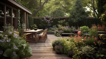 A backyard garden with a wooden deck and outdoor dining area. Generative ai