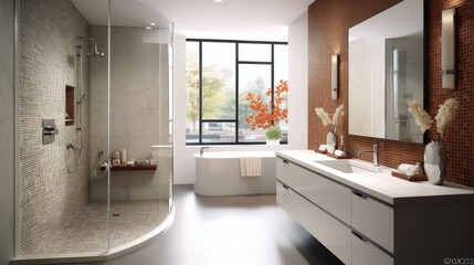 Fototapeta na wymiar A modern bathroom with a glass shower and mosaic tile. Generative ai