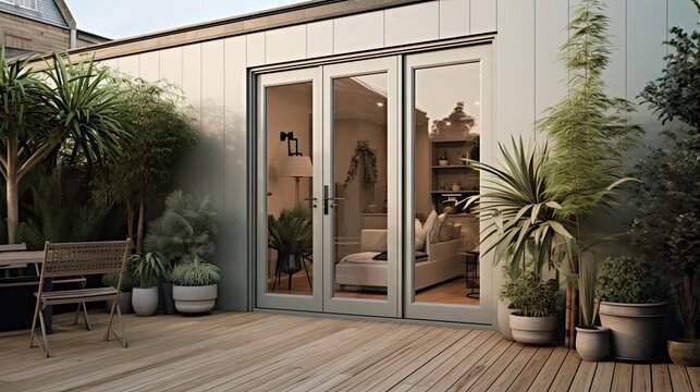 Fototapeta A general exterior view of a back garden patio area. Generative ai