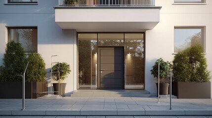 View to the entrance of a modern residential building. Generative ai