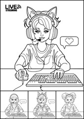 Video conference of diverse girls ith cat ears headset sits in front of a computer