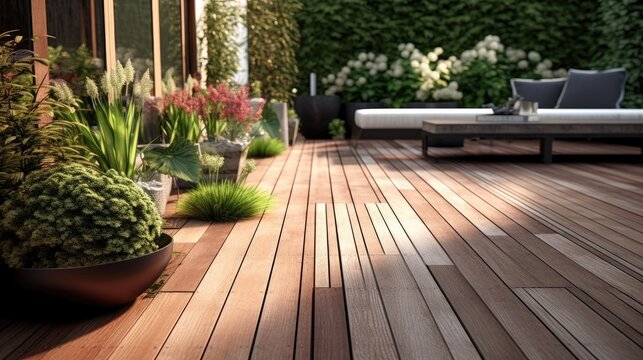  The exterior of a back patio area with wood decking.Generative ai