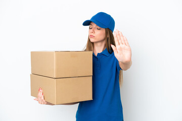 Delivery Lithuanian woman isolated on white background making stop gesture and disappointed