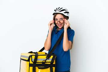 Lithuanian woman with thermal backpack with glasses and surprised