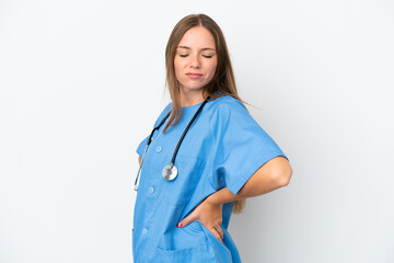 Young surgeon doctor Lithuanian woman isolated on white background suffering from backache for having made an effort