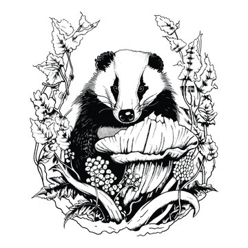 Hand-drawn badger with flowers. Vintage style. Print for a T-shirt. Tattoo design. Retro sketch isolated.