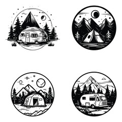 Set of vintage camping and outdoor adventure emblems, logos and badges. Camp tent in forest or mountains. Concept for shirt or logo, print, stamp or tee. 