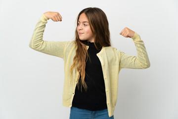 Little girl over isolated white background doing strong gesture