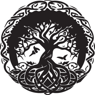 Celtic tree of life decorative Vector ornament, Graphic arts, dot work. Grunge vector illustration of the Scandinavian myths with Celtic culture. Yggdrasil Weltenbaum Wikinger.