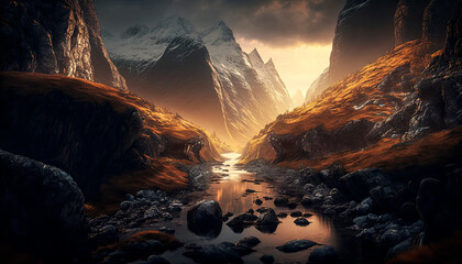 Generative AI illustration moody epic landscape of river flowing through dramatic mountain range and lakes during sunrise golden hour
