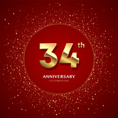 34th anniversary logo with gold numbers and glitter isolated on a red background