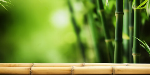 Empty wooden product display table with oriental bamboo background. Generative ai