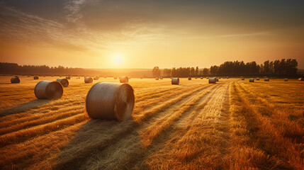 Bales of hay in a golden field country landscape shot during sunrise or sunset. A.I. generated.
 - obrazy, fototapety, plakaty