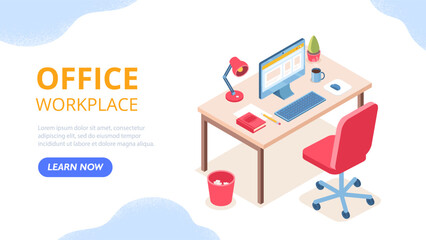 Isometric office table. Workplace for employee. Computer monitor with keyboard near mug with hot drink. Workspace with device. Workflow organization. Landing page. Cartoon vector illustration