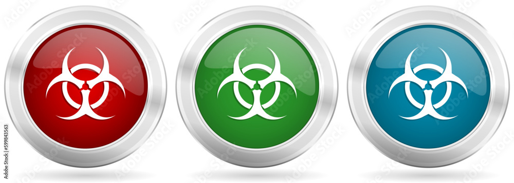Aufkleber biohazard vector icon set. red, blue and green silver metallic web buttons with chrome border