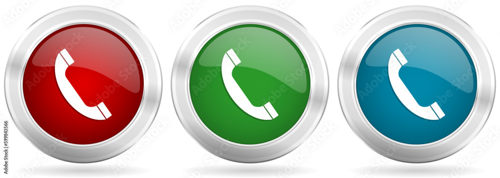 Poster phone, call, contact vector icon set. red, blue and green silver metallic web buttons with chrome bo