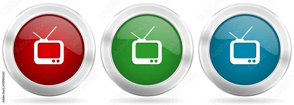 Aufkleber tv vector icon set. red, blue and green silver metallic web buttons with chrome border