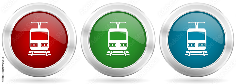 Poster Train vector icon set. Red, blue and green silver metallic web buttons with chrome border