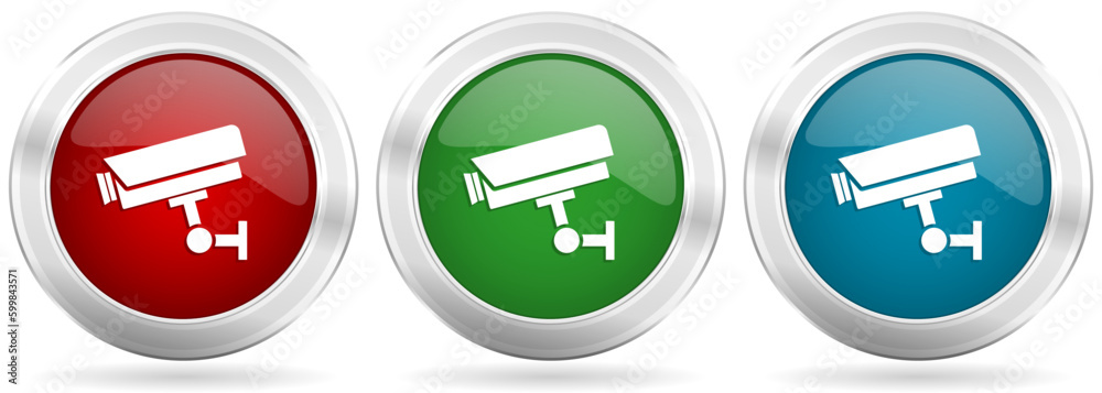 Aufkleber cctv camera vector icon set. red, blue and green silver metallic web buttons with chrome border