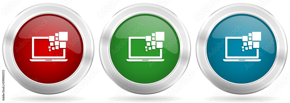 Poster Laptop, notebook, computer vector icon set. Red, blue and green silver metallic web buttons with chrome border