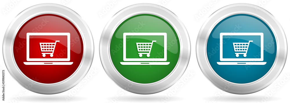 Poster online shop vector icon set. red, blue and green silver metallic web buttons with chrome border